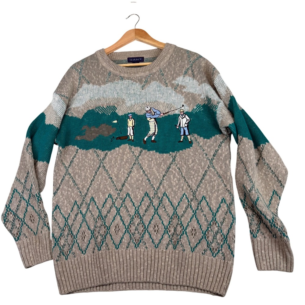 Gant Linen Cotton Golf Scene Sweater Tan Teal Argyle Preppy Heritage Men L